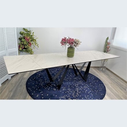 Стол RIETI 200 KL-99 Белый мрамор матовый, итальянская керамика / черный каркас, ®DISAUR 
