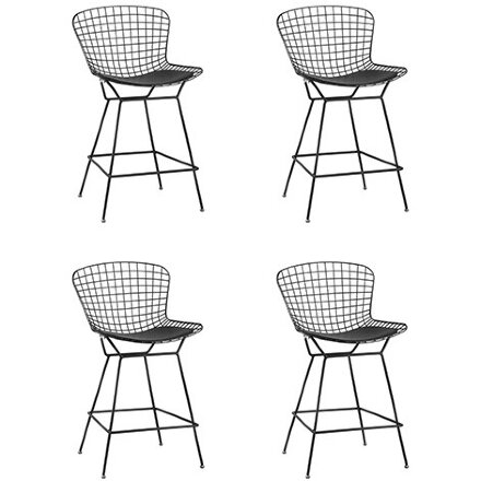 Стул полубарный с низкой спинкой Bertoia черный с черной подушкой 4 шт. 